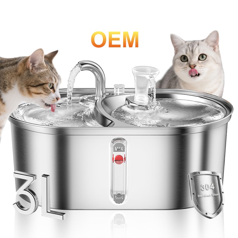 Dual Bowl Cat Fountain Manufacturer - 3L Stainless Steel Water Level Window Dispenser