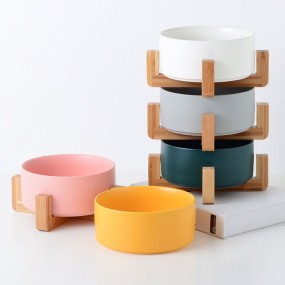 宠物碗工厂-批发陶瓷木质框架多色