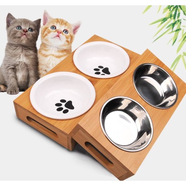 Pet Double Bowl Factory - Wholesale Ceramic Stainless Steel Bamboo Frame