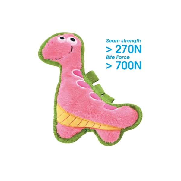 绒面狗玩具供应商-坚韧粉色恐龙刺激咬胶