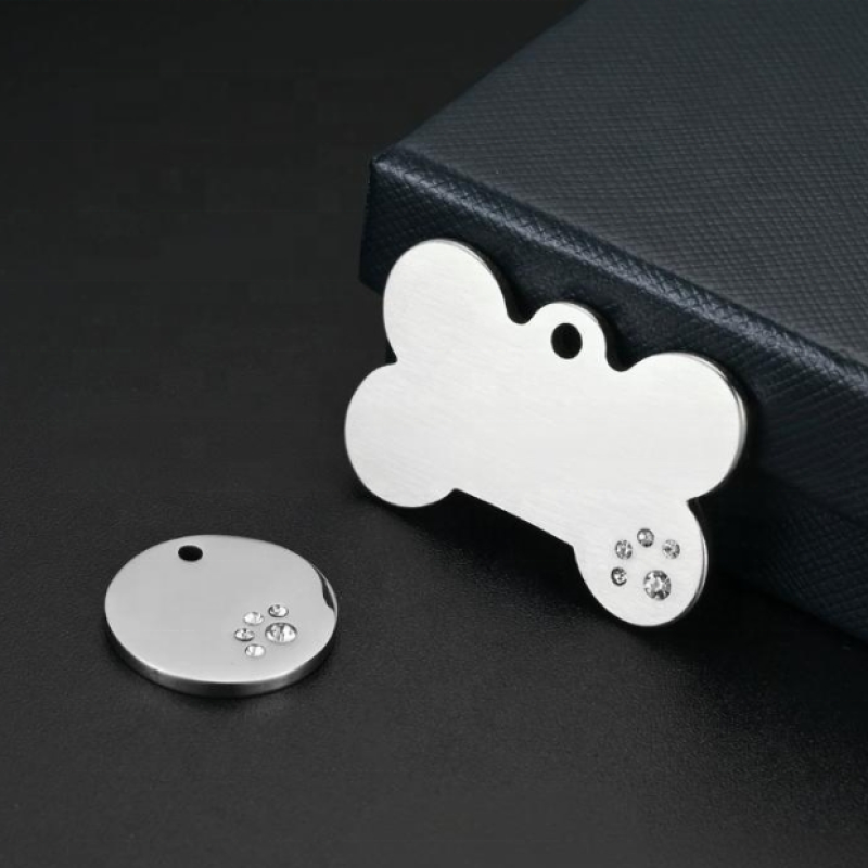 Diamond Dog Tag Supplier - Studded Stainless Steel Round Bone Custom Laser Engraved