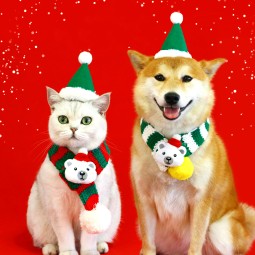 圣诞围巾生产厂家-条纹围巾帽时尚可调红绿羊毛球猫狗暖熊脖套