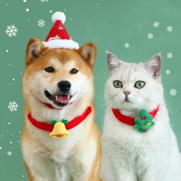 圣诞宠物围巾源头工厂-针织羊毛猫狗可爱毛绒铃铛圣诞老人围涎