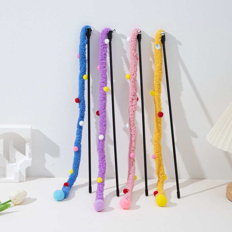 Christmas Cat Toy Factory - 40cm Pompom Teaser with Plush Balls Colorful Interactive Toy