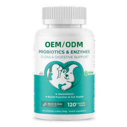 宠物益生菌供应商-OEM ODM益生菌狗用120咀嚼片含蜂蜜南瓜益生元过敏胀气支持
