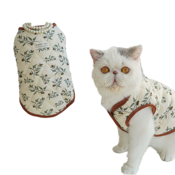 宠物衣服源头工厂-秋冬无袖背心狗猫用复古花卉图案纯棉保暖服装现代风格小至XL号