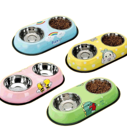 狗碗源头工厂-新款卡通泰迪不锈钢狗碗双碗猫狗食盆环保PC塑料宠物用品饮用水