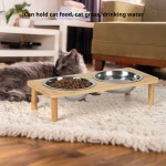 高架猫喂食器厂家-时尚便携竹制不锈钢碗