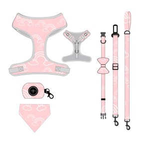 宠物背带套装厂家-7合1狗背带牵引绳印花猫项圈四季通用