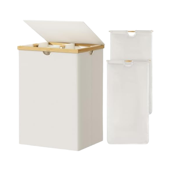 竹制洗衣篮供应商-米色165升可折叠储物架