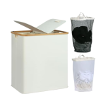 竹制洗衣篮厂家-140升可折叠双篮带盖