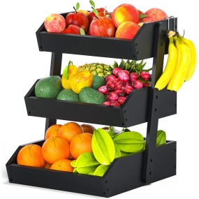 Bamboo Fruit Stand Supplier - 3 Tier Black Kitchen Storage