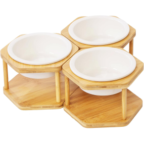 陶瓷猫碗供应商-3套装抬高竹架