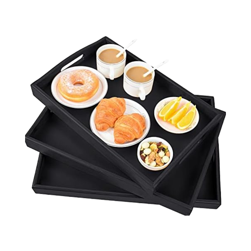 竹制服务托盘供应商-黑色把手厨房大盘