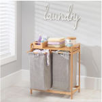 竹制洗衣篮供应商-双区可拆卸布袋