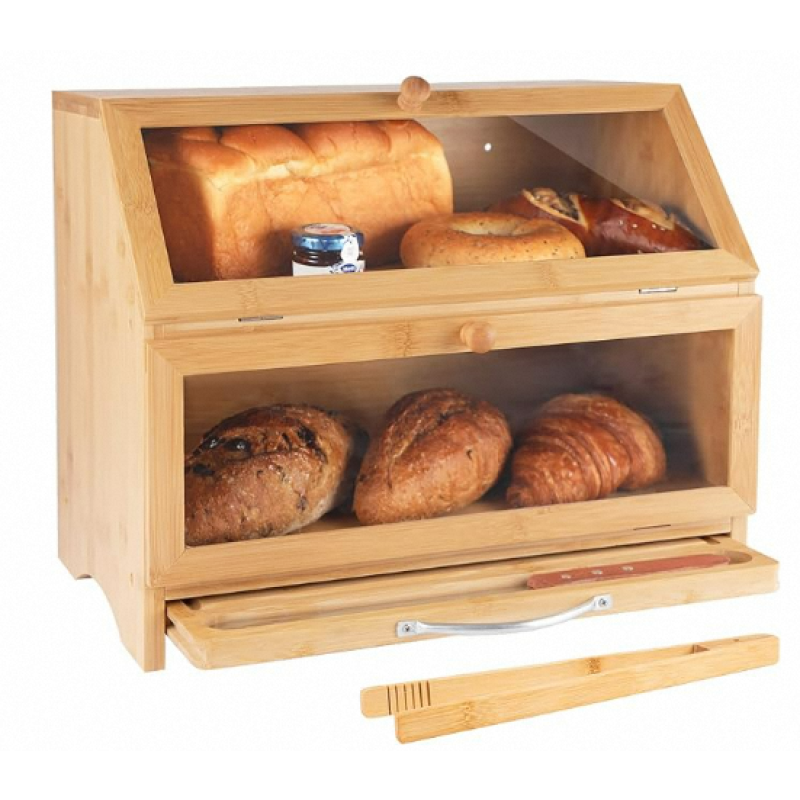 竹制面包盒厂家-双层透明窗盖
