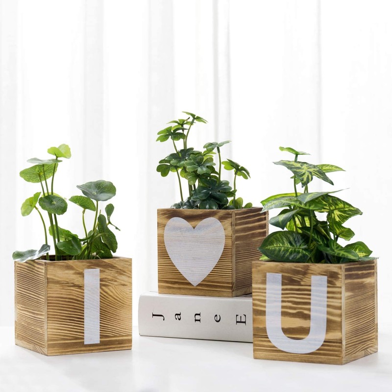 Flower Pots Supplier - 3-Piece Wood Square Succulents Pots for Indoor Home Decor