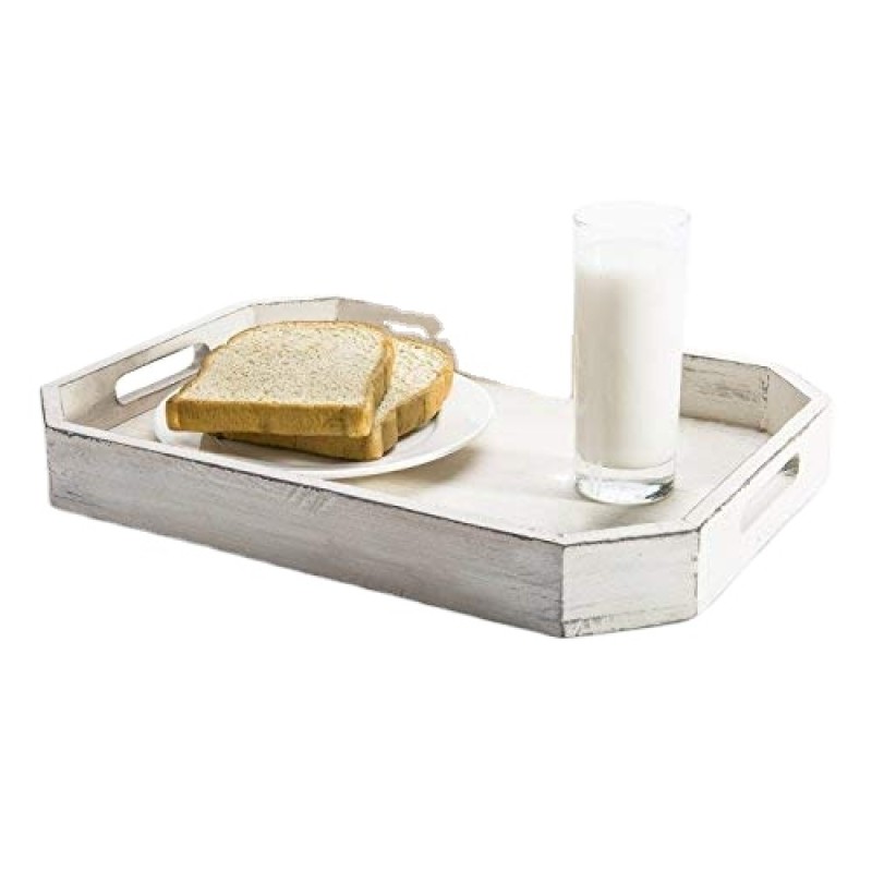 Serving Tray Factory - JUNJI Rustic Whitewashed Wood Tray with Cut Out Handles Farmhouse