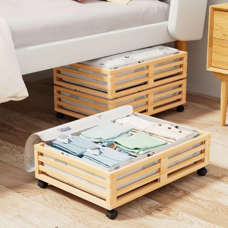 Underbed Organizer Factory - Sturdy Bamboo Rolling Bed Shoe Storage Drawer Containers