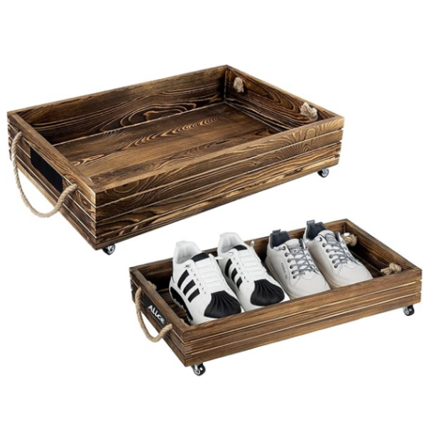 Bed Storage Box Manufacturer - Rustic Burnt Wood Box with Rope Handles Underbed Organizer