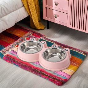 宠物青蛙碗供应商-不锈钢双碗圆角