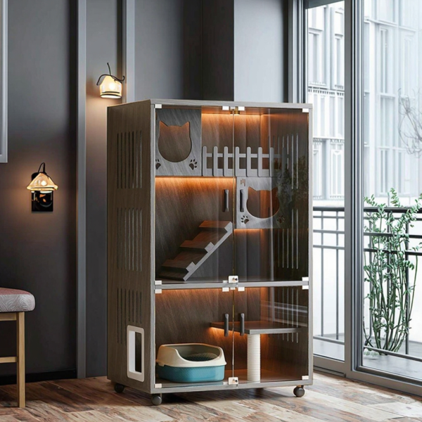 豪华猫屋厂家-批发制造商流行LED封闭现代木制猫别墅