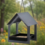 鸟喂食器厂家-黑色钢铁飞过式悬挂鸟喂食器带遮盖金属平台户外