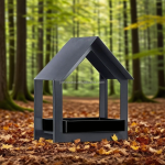 鸟喂食器厂家-黑色钢铁飞过式悬挂鸟喂食器带遮盖金属平台户外