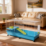 兔笼厂家-40英寸室内金属丝网滚轮笼配食盆水瓶