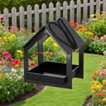 鸟喂食器厂家-黑色钢铁飞过式悬挂鸟喂食器带遮盖金属平台户外