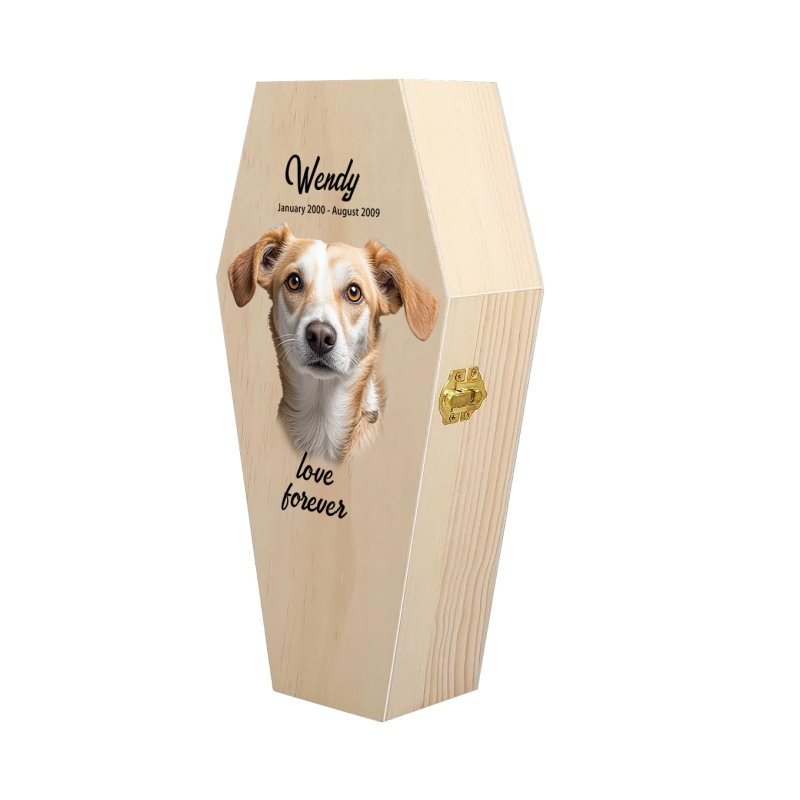 Pet Urn Supplier - Solid Wood Cremation Urn Customizable Pet Ash Coffin with Printed Design