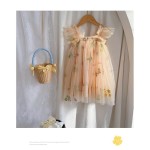 女童夏季连衣裙工厂-可定制花卉刺绣喇叭袖薄纱公主裙