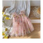 女童夏季连衣裙工厂-可定制花卉刺绣喇叭袖薄纱公主裙