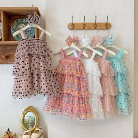 女童派对礼服厂家-可定制多层薄纱连衣裙配发夹