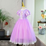 女童角色扮演裙厂家-专业OEM代工紫色花卉雪纺派对公主服装给儿童