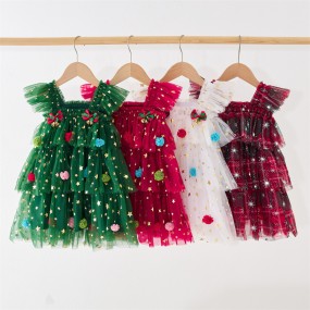 Girls Party Dress Factory - Bulk 3 Layers Tulle Flying Sleeve Christmas Dress
