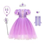 女童角色扮演裙厂家-专业OEM代工紫色花卉雪纺派对公主服装给儿童