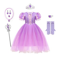 女童角色扮演裙厂家-专业OEM代工紫色花卉雪纺派对公主服装给儿童