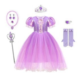 女童角色扮演裙厂家-专业OEM代工紫色花卉雪纺派对公主服装给儿童