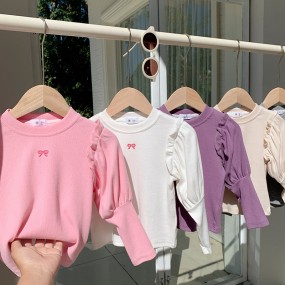 Baby T Shirt Supplier - Wholesale Candy Color Cotton Ruffled Sleeve Solid Color Shirt