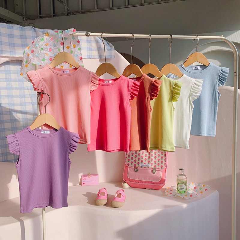 女童T恤工厂-批量糖果色喇叭短袖夏季衬衫给儿童