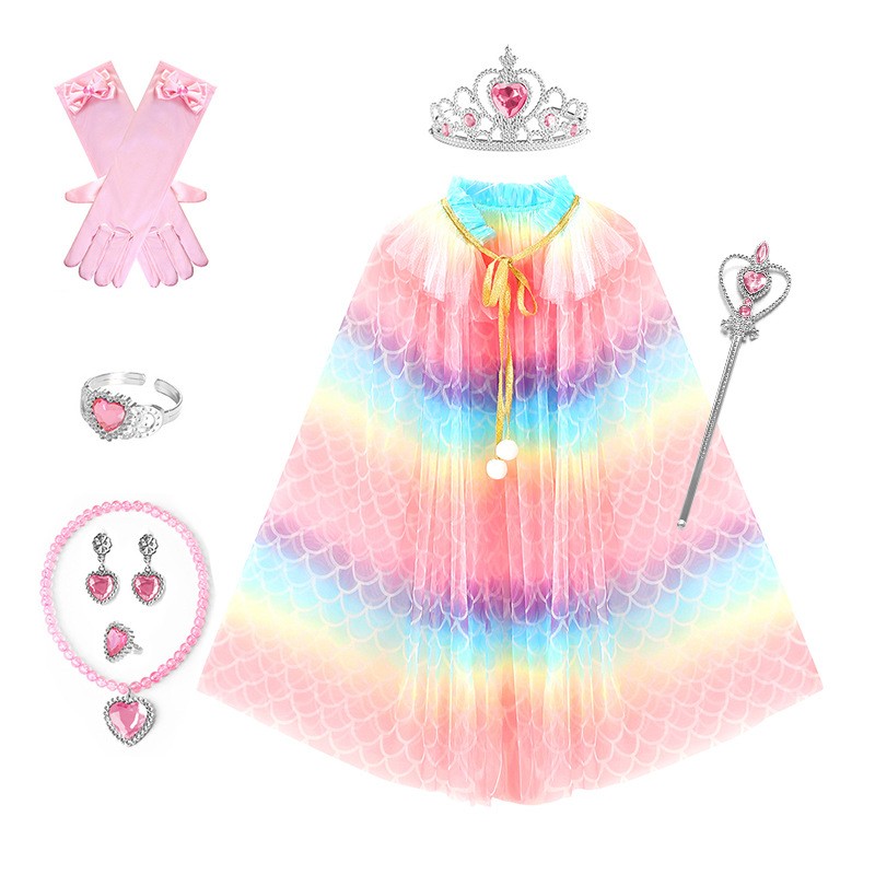 女童公主斗篷工厂-可定制彩虹渐变薄纱亮片斗篷配手套