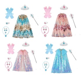 Halloween Costume Set Manufacturer - OEM Sequined Cape with Crown Magic Stick Gloves Set