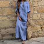 休闲连衣裙生产厂家-棉麻条纹宽松连衣裙