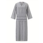 休闲连衣裙生产厂家-棉麻条纹宽松连衣裙