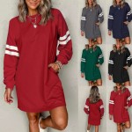 女士连衣裙工厂-条纹颜色套头圆领裙