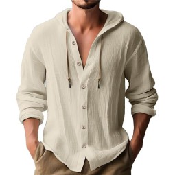 男士 T 恤供应商-纯色亚麻棉长袖上衣