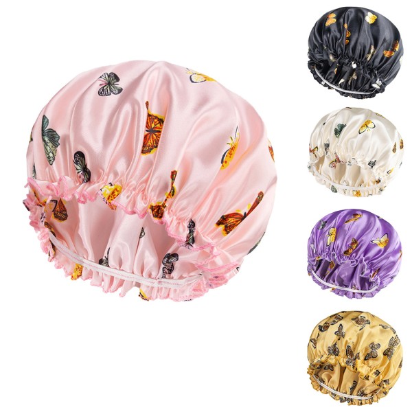 浴帽生产厂家-可爱蝴蝶印花缎面头巾