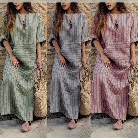 Casual Dress Manufacturer - Cotton Linen Striped Loose Dress