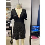 沙滩罩裙供应商-纯色镂空深V针织裙